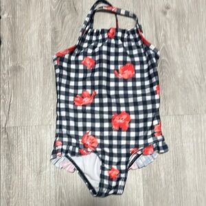 4/$20 Black and White Checkered Swimsuit with Red Floral Accents